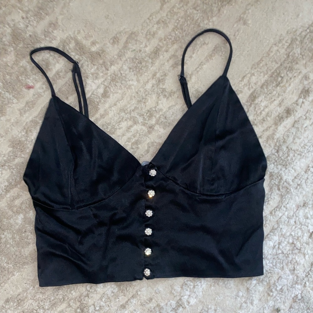 Zara black silk corset crop top with rhinestone buttons